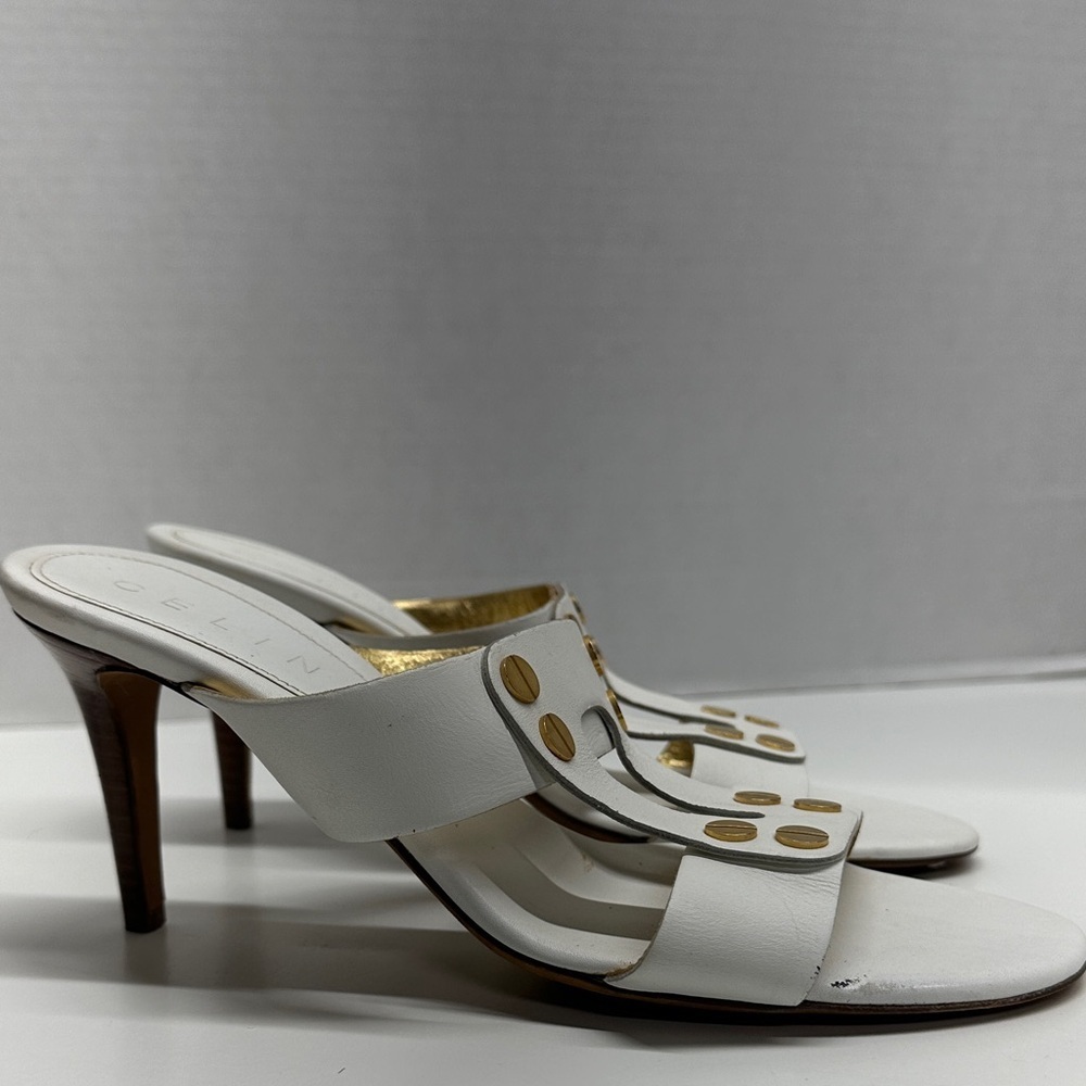 Celine Triomphe Heels High Heel Shoes Open Toe Leather White Gold Studs Size 37 - Picture 5 of 14
